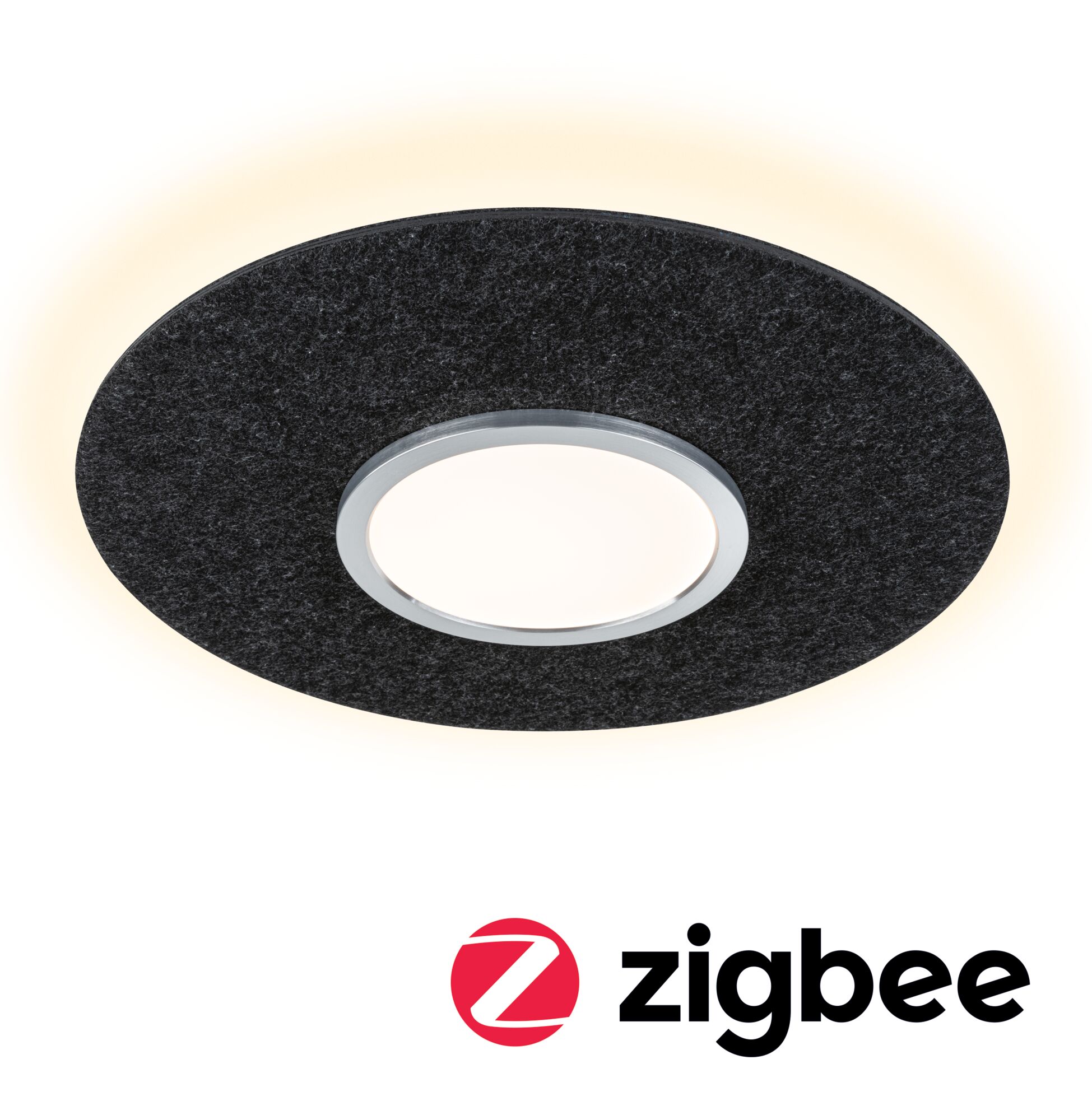 Runde LED-Deckenleuchte mit schwarzem Filzrand und warmweißem Licht für moderne Wohnräume