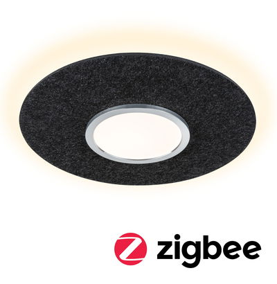 Runde LED-Deckenleuchte mit schwarzem Filzrand und warmweißem Licht für moderne Wohnräume
