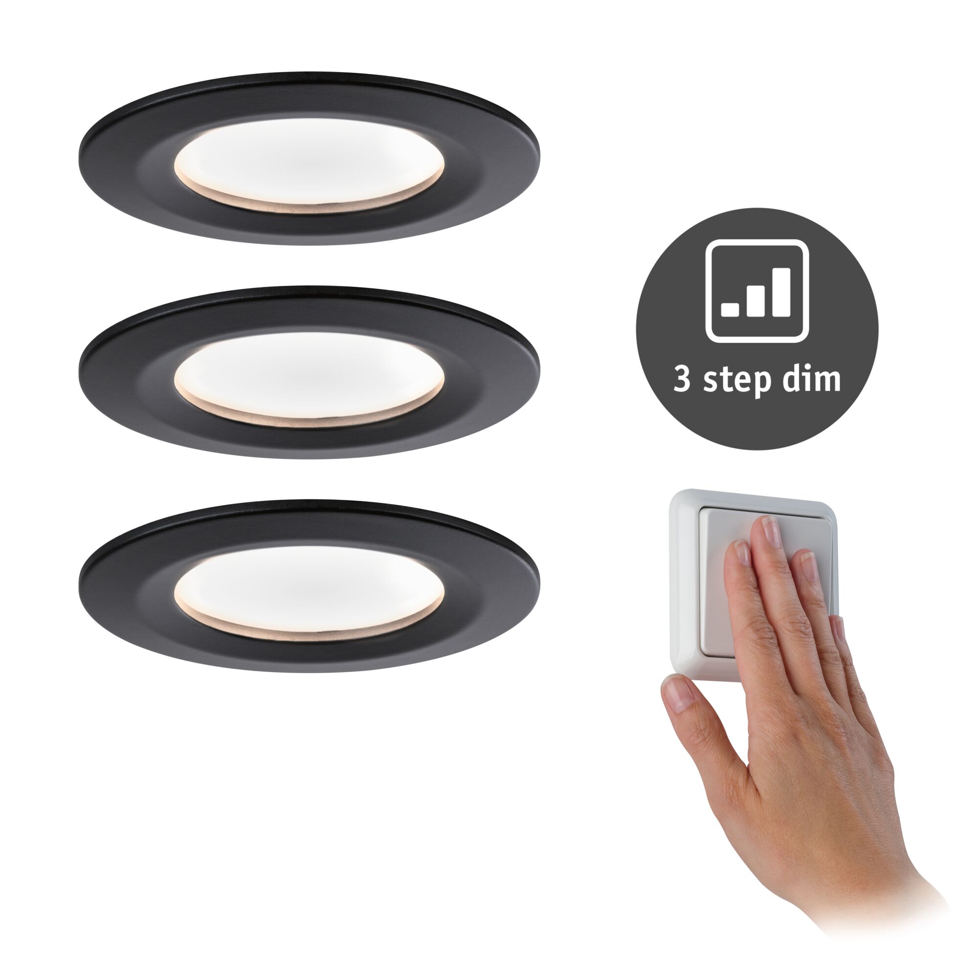 LED-indbygningsarmatur 3-Step-Dim Nova Coin Basissæt statisk IP44 rund 78mm Coin 3x6W 3x470lm 230V dæmpbar 2700K Mat sort Tre sorte LED-indbygningsspots med hvidt lys og 3-trins dæmpning, hånd på vægkontakt.