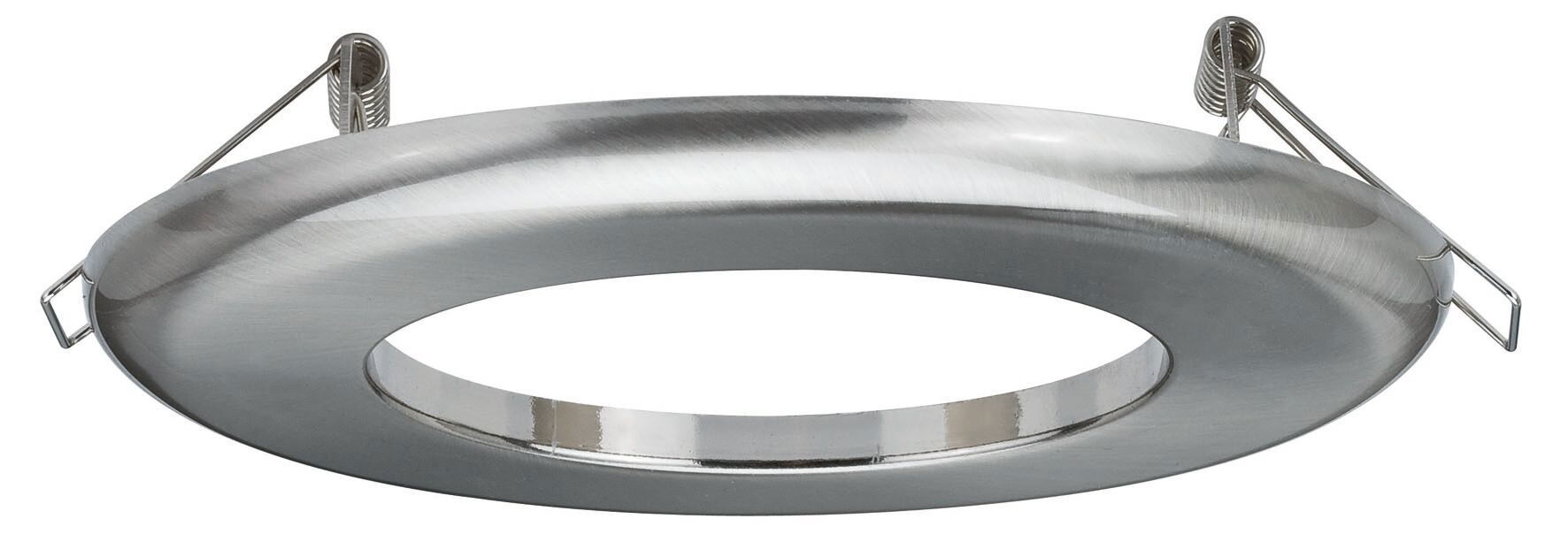 Round brushed stainless steel recessed frame with spring clips for LED downlights.