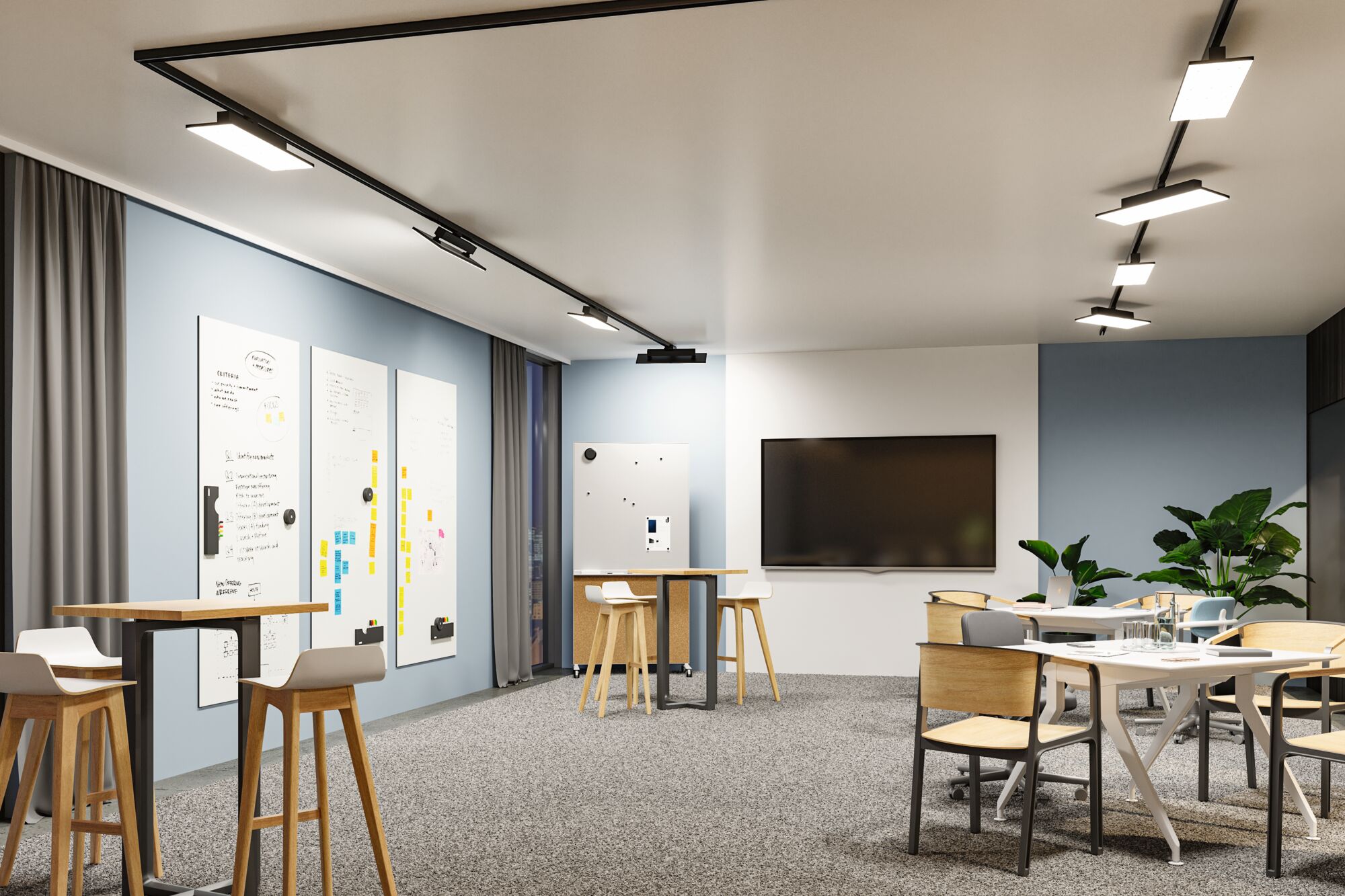 Modernes Büro mit schwarzen LED-Schienenleuchten an der Decke und Holzstühlen für Arbeitsbereiche
