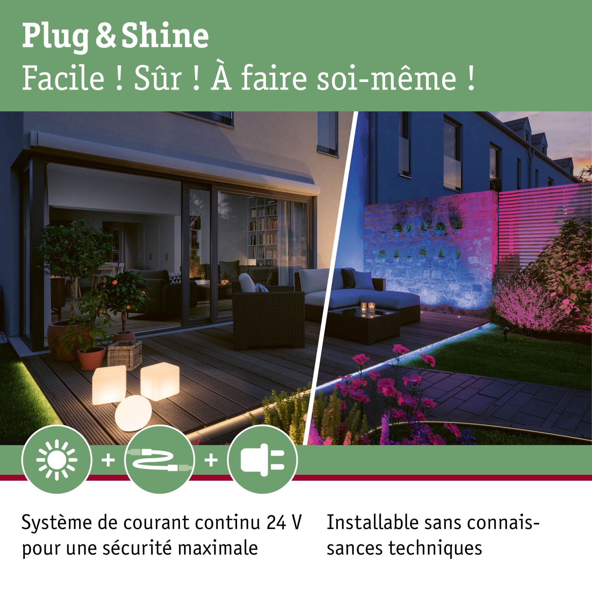 Éclairage extérieur LED Plug & Shine avec système basse tension 24V pour jardin et terrasse sécurisés