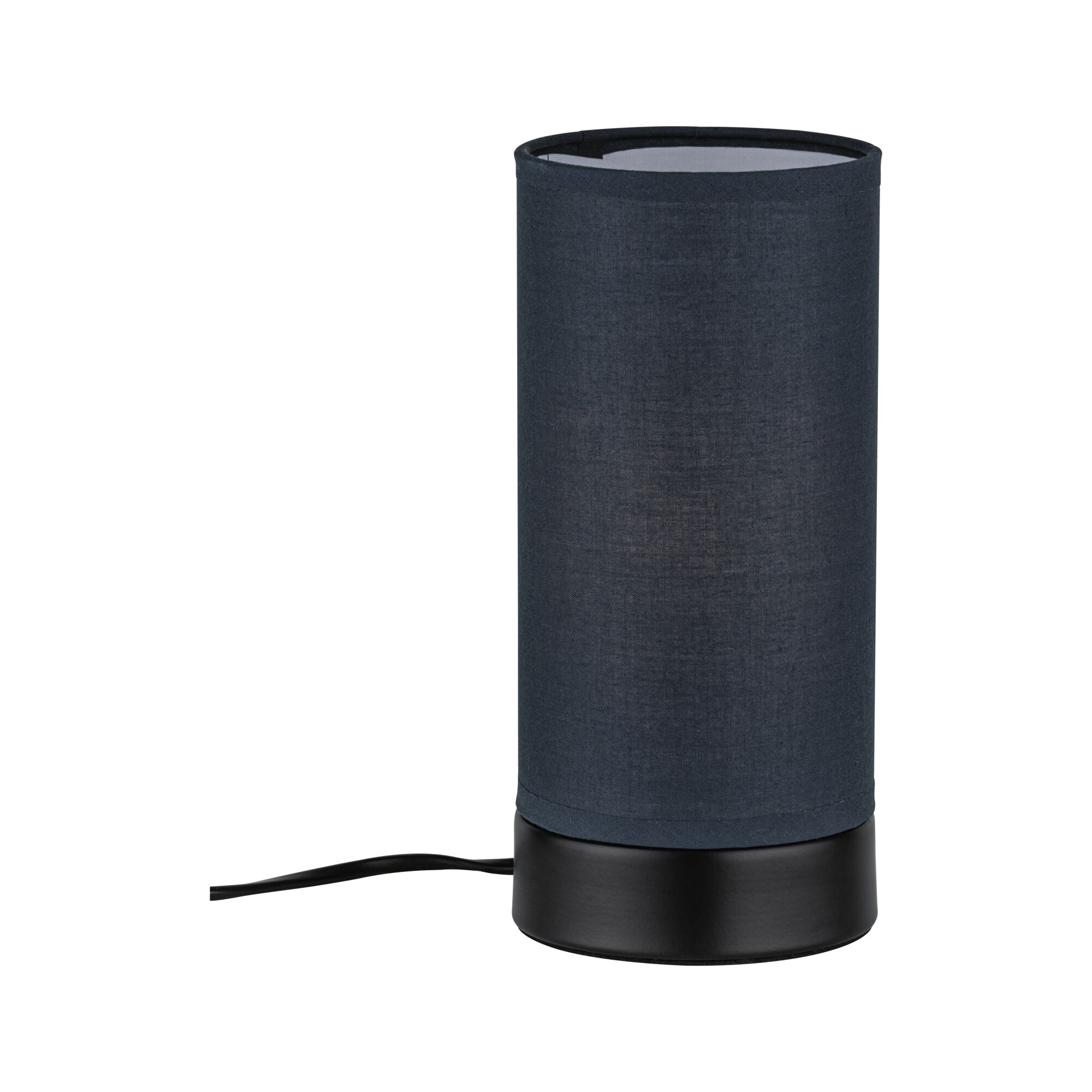 Modern table lamp with black fabric shade and black base for ambient lighting in living spaces