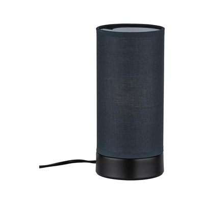 Modern table lamp with black fabric shade and black base for ambient lighting in living spaces