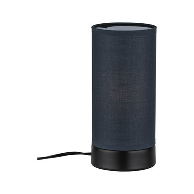 Black table lamp with fabric shade and matte metal base, modern design for home lighting