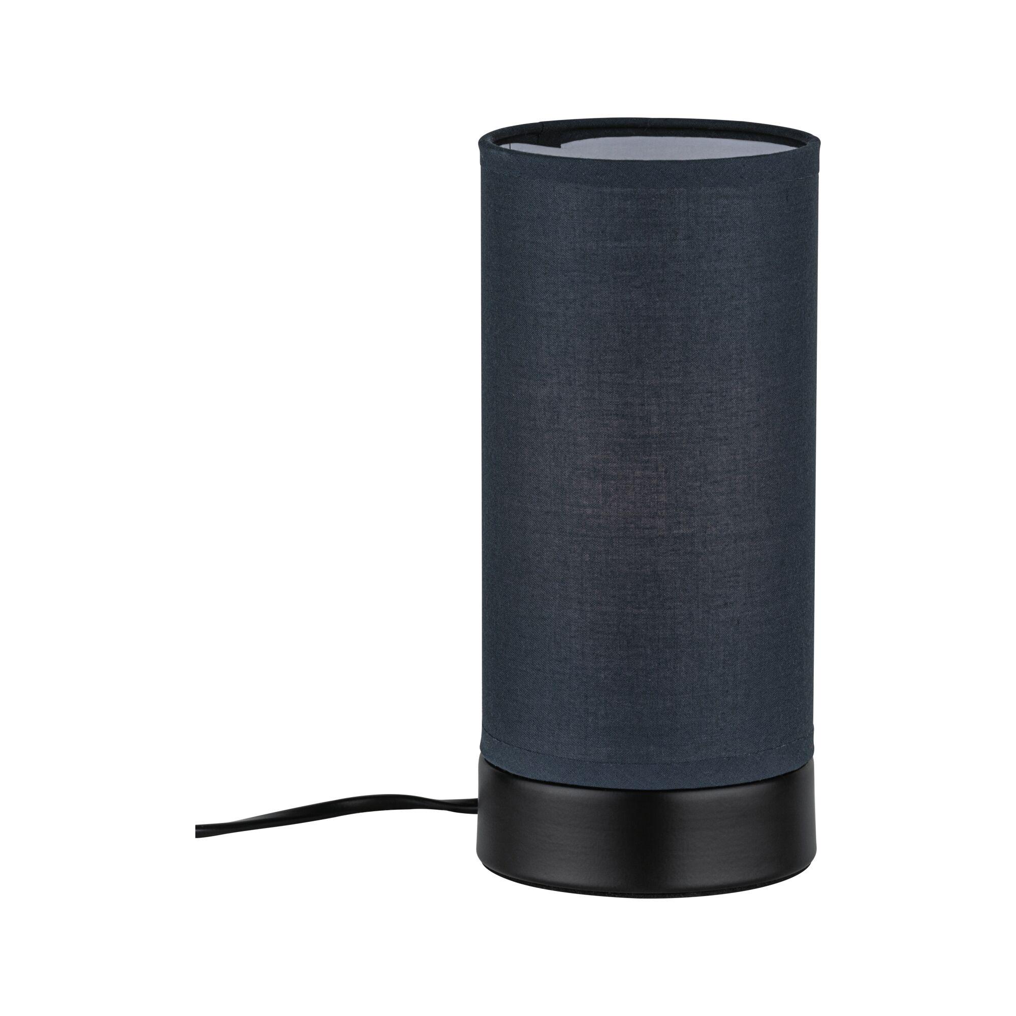 Black table lamp with fabric shade and matte metal base, modern design for home lighting