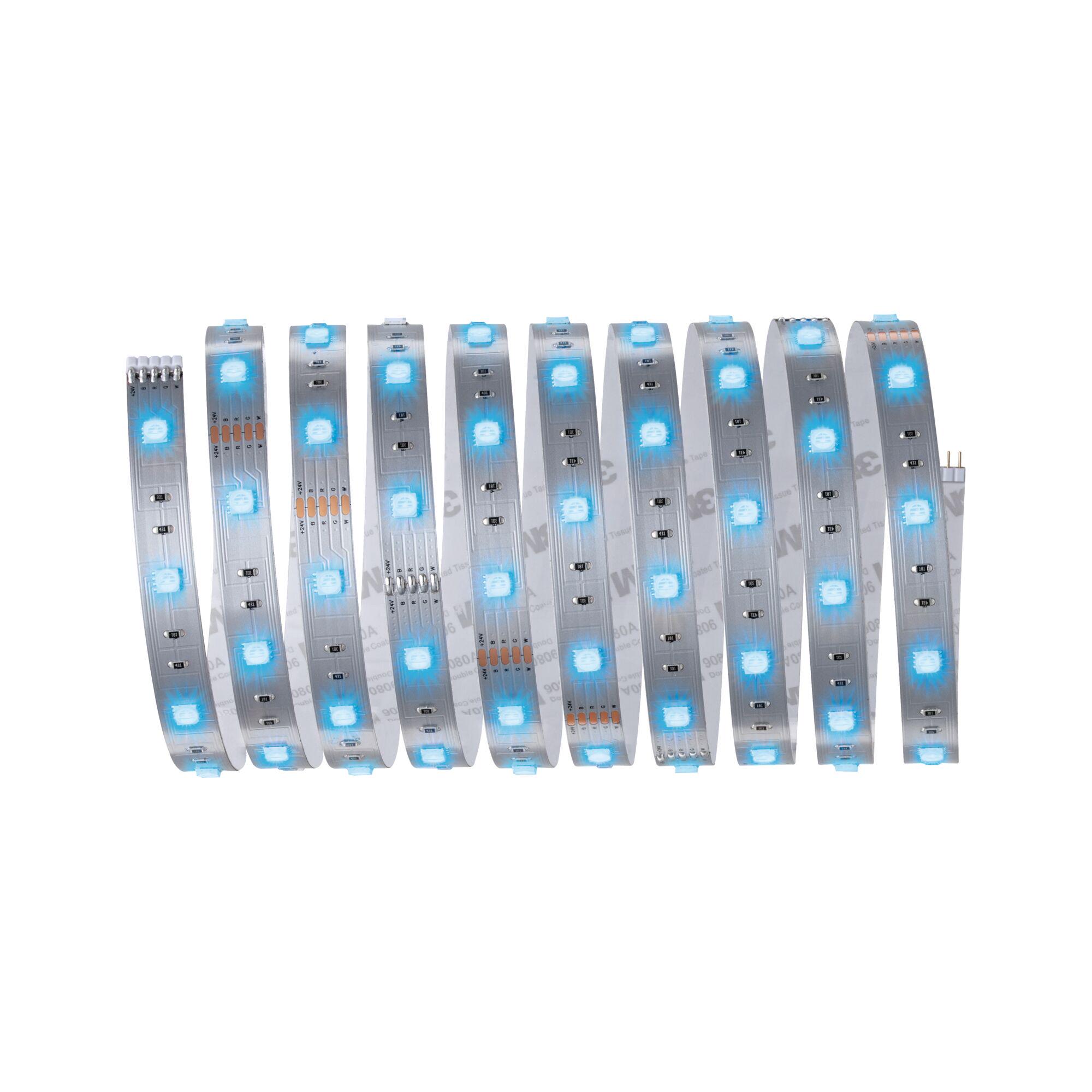 Flexible LED strip with blue LEDs on silver circuit board for modern lighting applications.