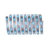 Flexible LED strip with blue LEDs on silver circuit board for modern lighting applications.
