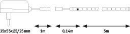 Technical drawing of white LED power supply with dimensions and cable length for lighting systems