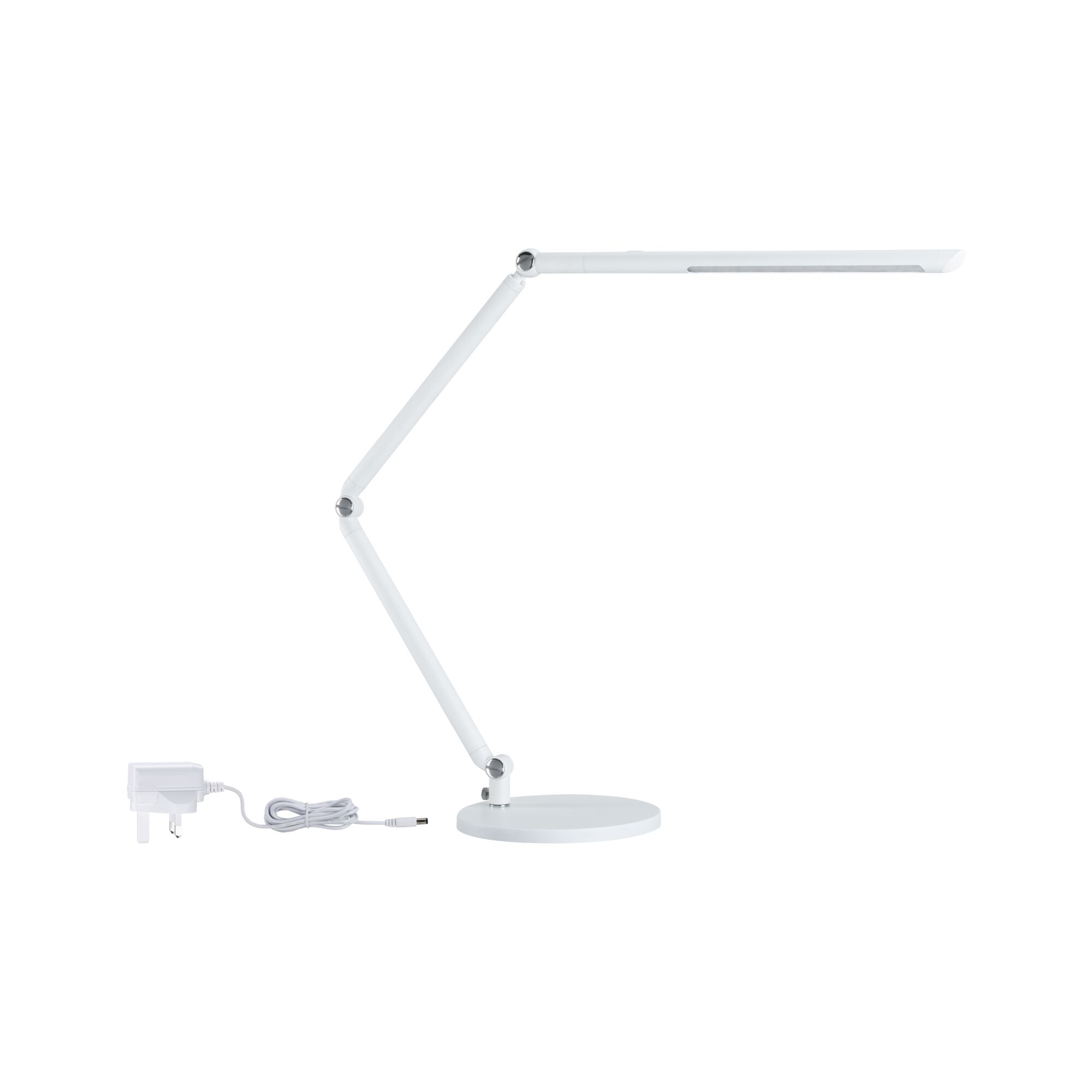 White metal LED desk lamp with adjustable arm and power adapter for office lighting