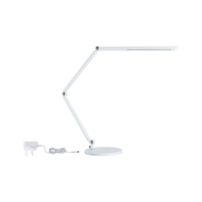 White metal LED desk lamp with adjustable arm and power adapter for office lighting