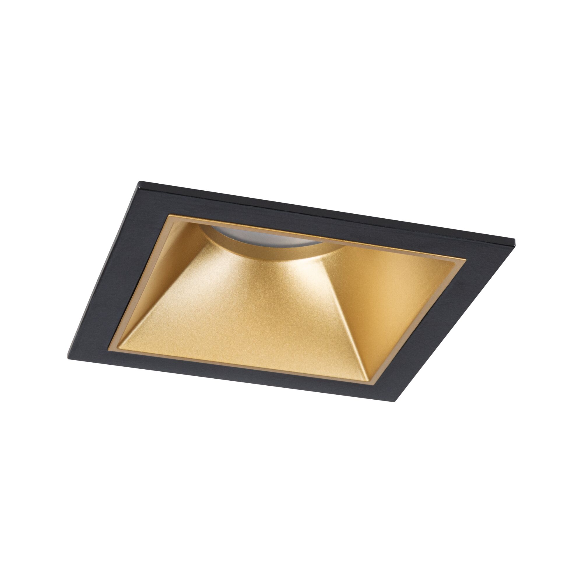 Quadratischer Einbaustrahler aus Metall in Schwarz mit goldfarbenem Reflektor für moderne LED-Beleuchtung