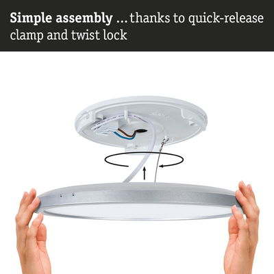 Assembly of round LED ceiling light with silver frame and quick-release clamp for easy installation