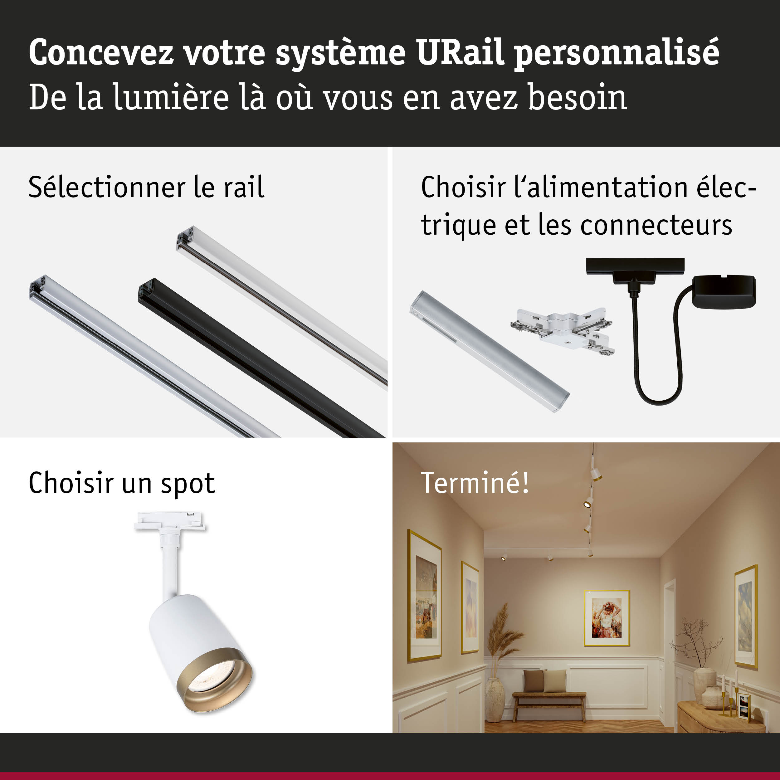 Guide pour concevoir un système URail personnalisé avec rails blancs et noirs, connecteurs électriques et spots