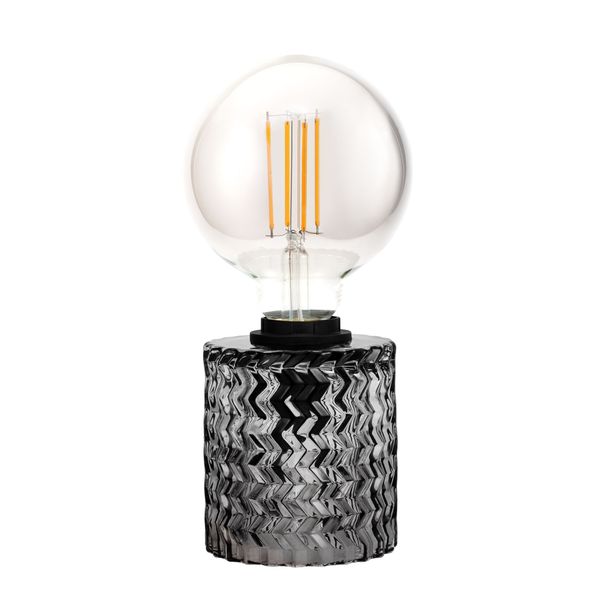 Clear glass light bulb with visible orange LED filaments on black textured base for decorative lighting