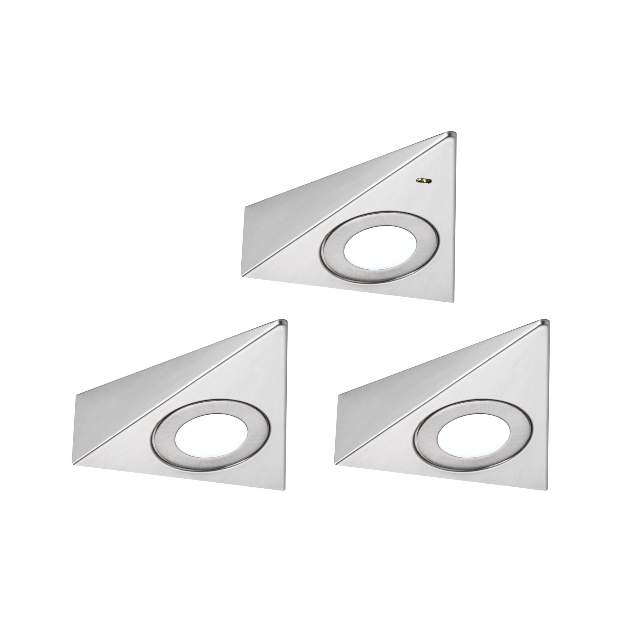 LED-onderkastverlichting Trias Naderingsschakelaar Set van 3 3x2,7W 135x132mm 3x185lm 230/12V Staal geborsteld Drie driehoekige LED-inbouwspots van geborsteld roestvrij staal in zilver voor moderne verlichting