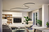 Moderne stue loft med buet sort LED-loftlampe til stilfuld rumbelysning.