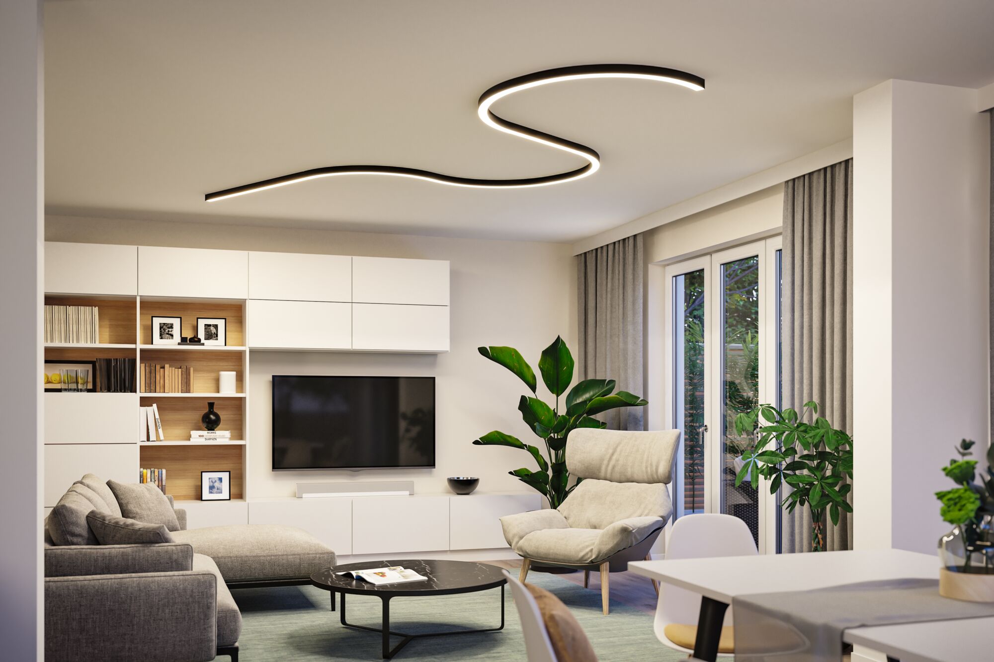 Moderne Wohnzimmerdecke mit geschwungener schwarzer LED-Deckenleuchte für stilvolle Raumbeleuchtung.