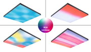 Panneau LED noir Velora avec fonction arc-en-ciel RVB montrant quatre motifs lumineux colorés pour l'éclairage