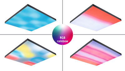 Black LED panel Velora with RGB rainbow function displaying four colorful lighting patterns for room lighting