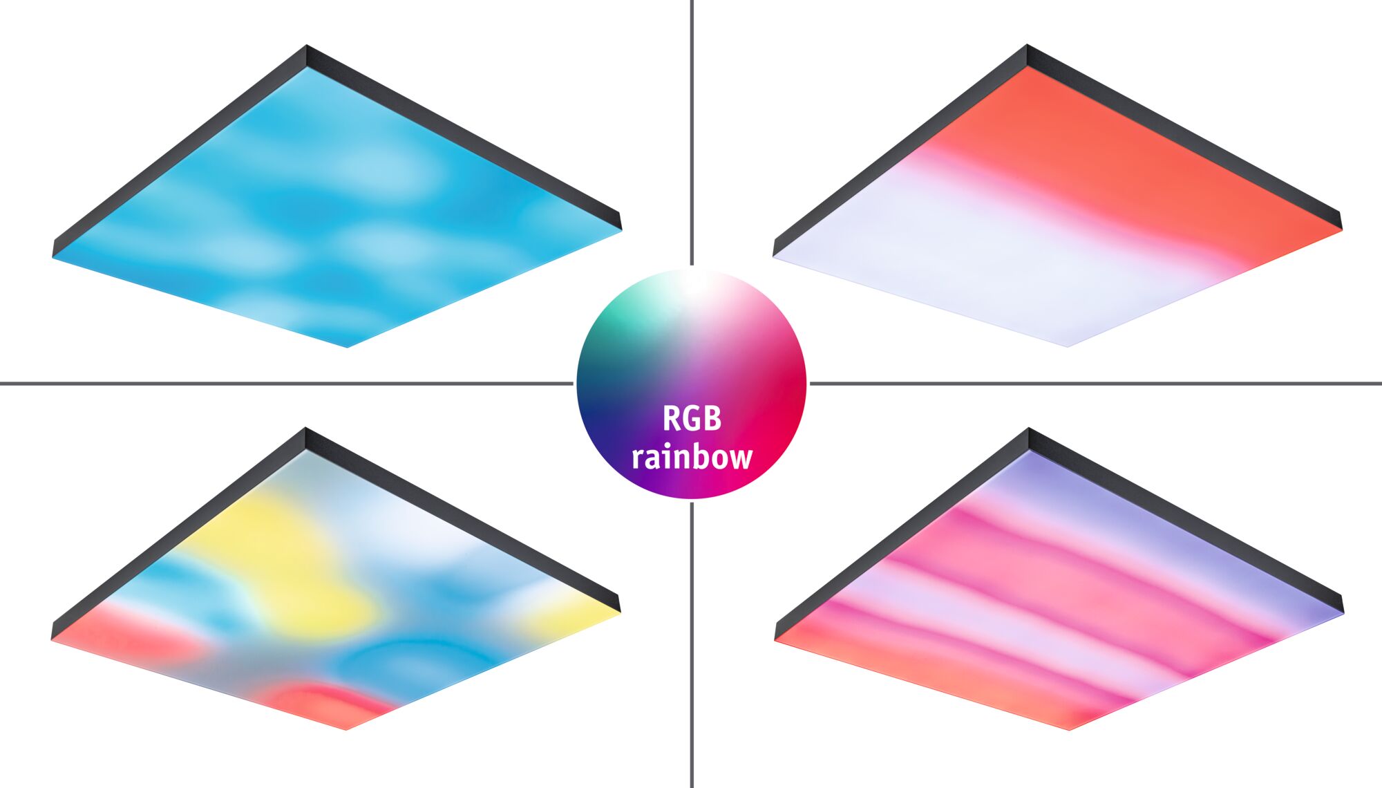 Panneau LED noir Velora avec fonction arc-en-ciel RVB montrant quatre motifs lumineux colorés pour l'éclairage
