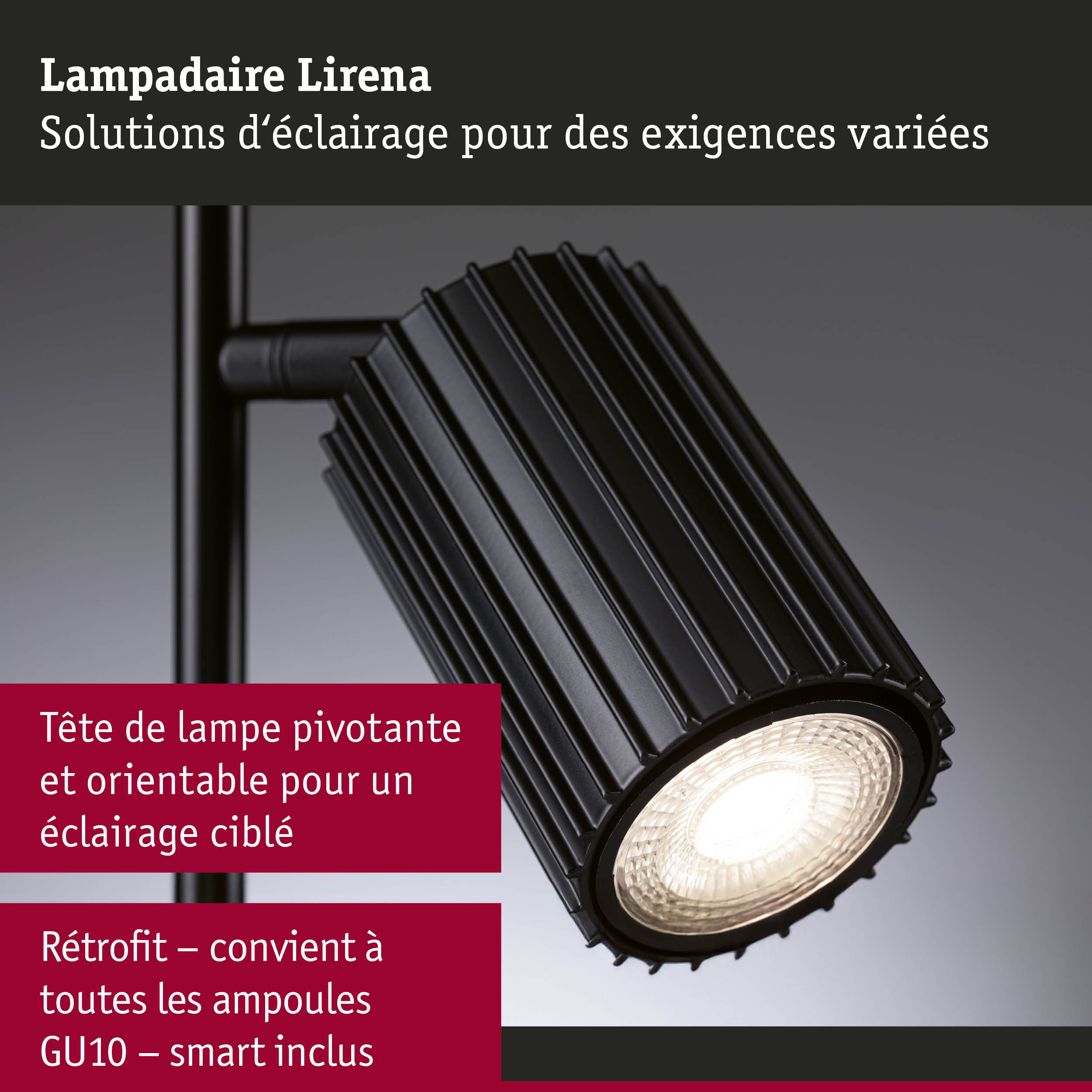 Tête de lampe noire en métal à design rainuré pour un éclairage ciblé et orientable