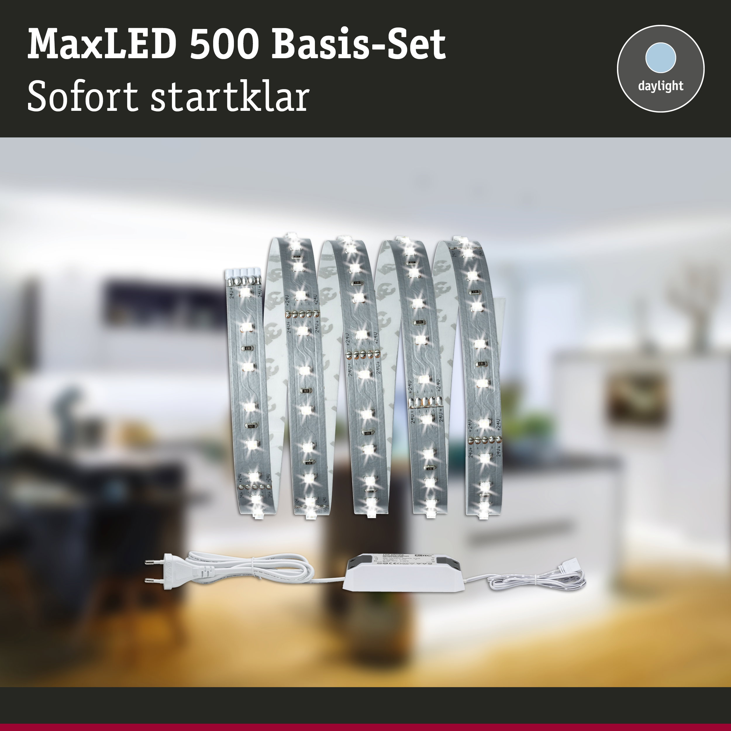 MaxLED 500 Basis-Set mit weißen LED-Streifen und Netzteil für sofortige Beleuchtungslösung