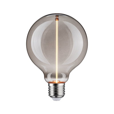 Round LED bulb with smoked glass and visible filament for modern lighting solutions.