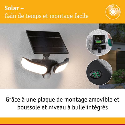 Lampe solaire extérieure noire avec panneaux LED réglables, boussole et niveau à bulle intégrés pour montage facile