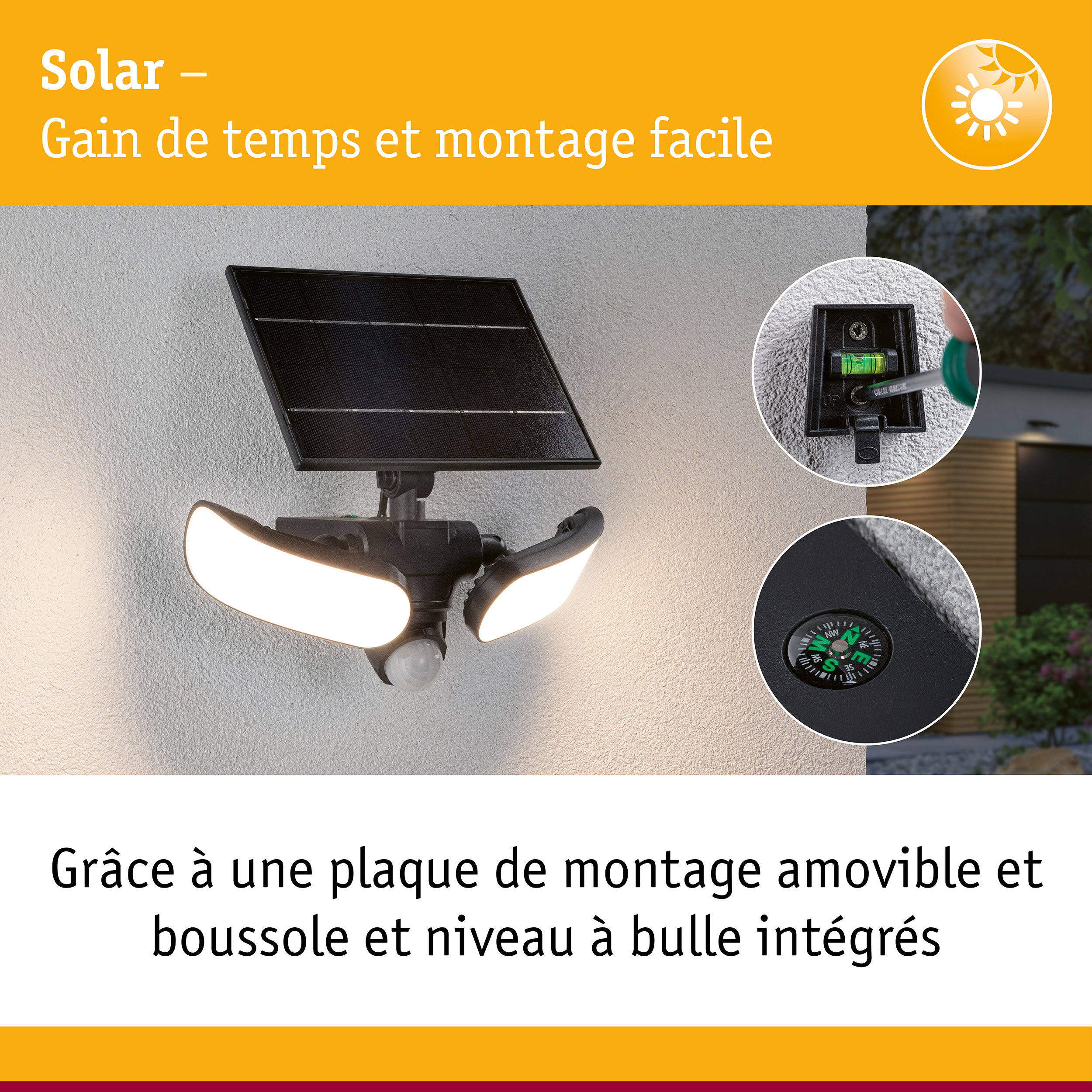 Lampe solaire noire avec trois LED puissantes, boussole intégrée et niveau à bulle pour éclairage extérieur