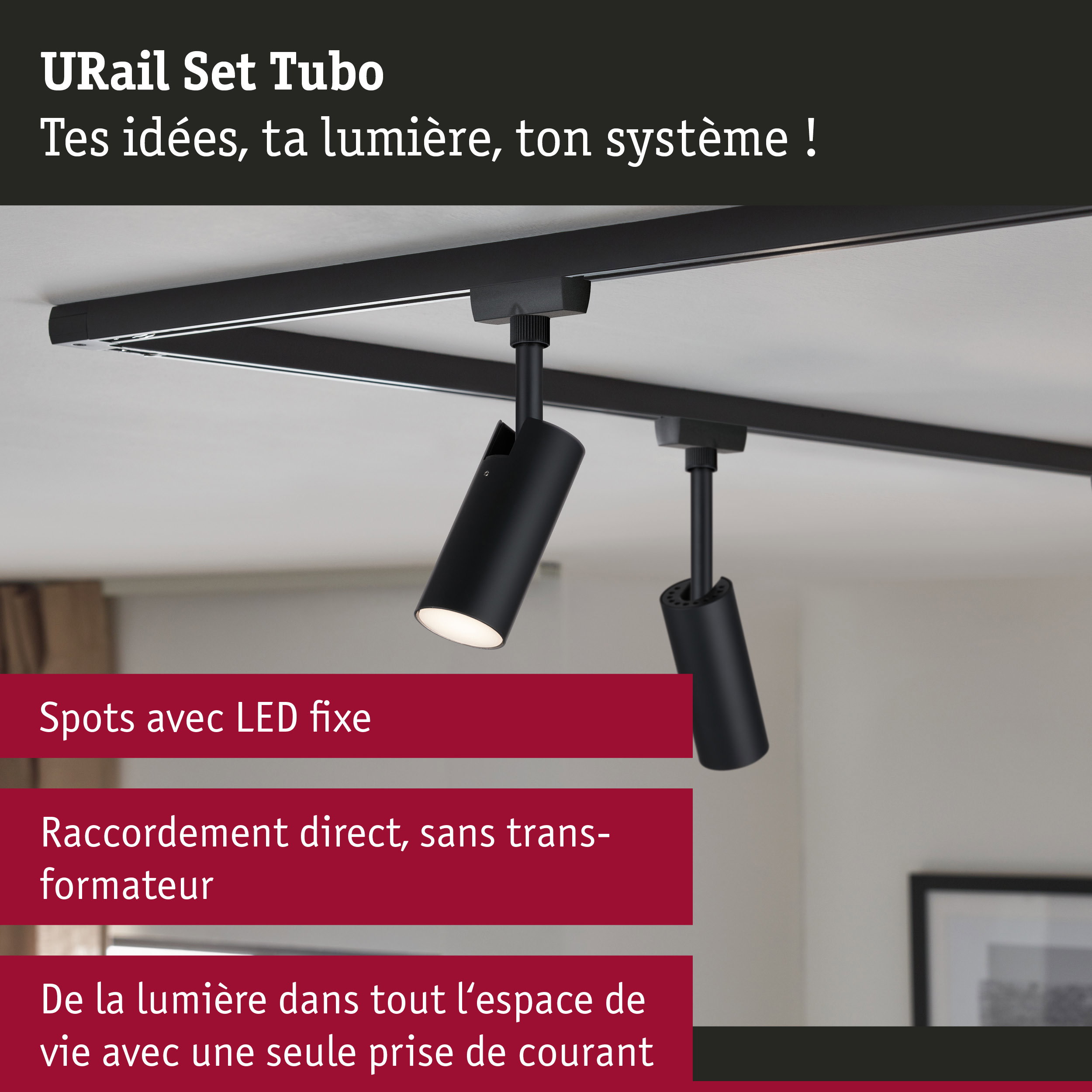 Système de rails LED URail Set Tubo noir avec spots fixes pour éclairage intérieur moderne