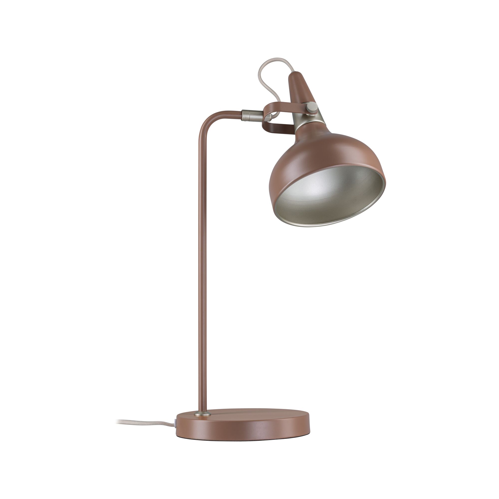 Moderne braune Metall-Tischlampe mit verstellbarem Lampenschirm und Stoffkabel für Wohnräume