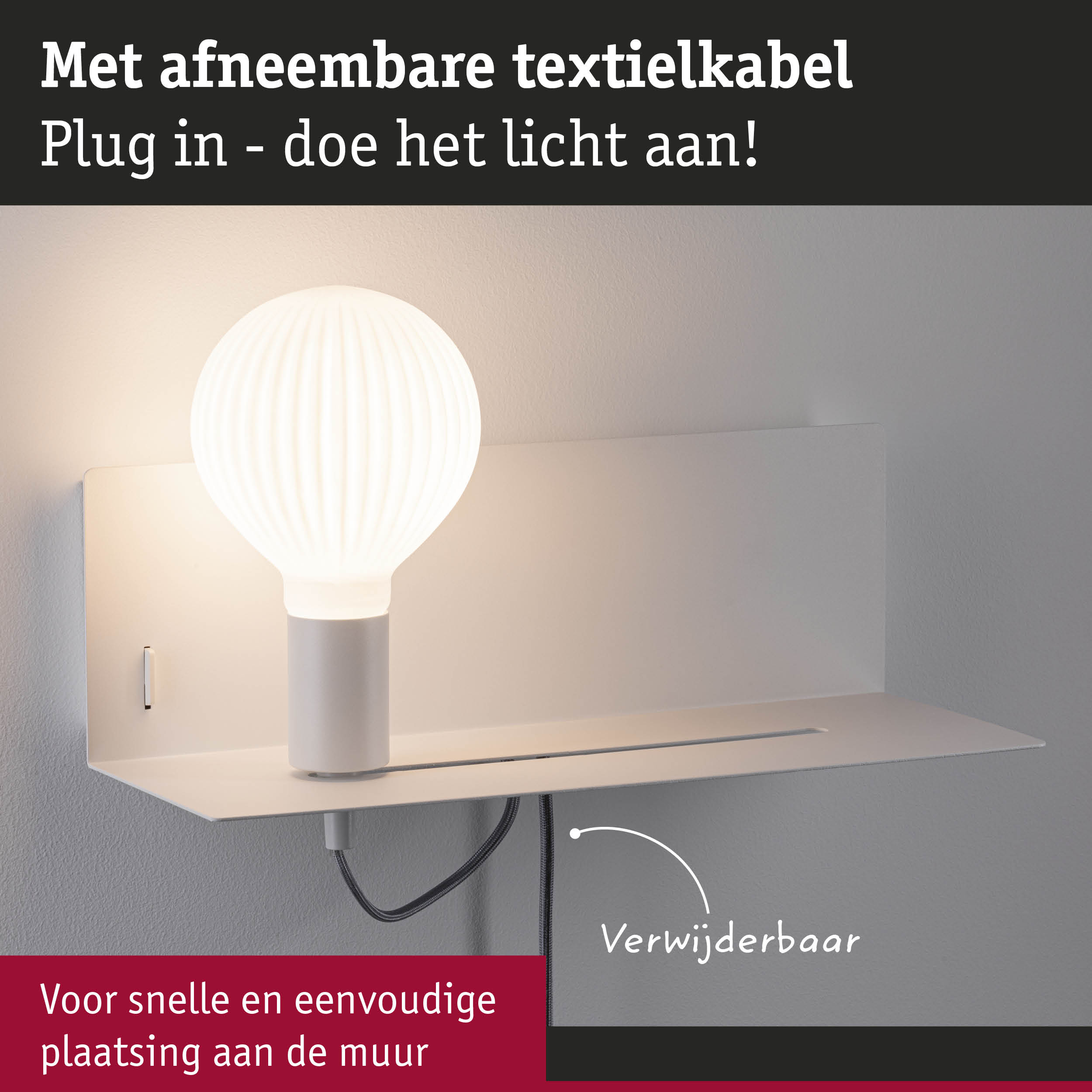 Witte wandlamp met afneembare textielkabel voor snelle montage en plug-in functie