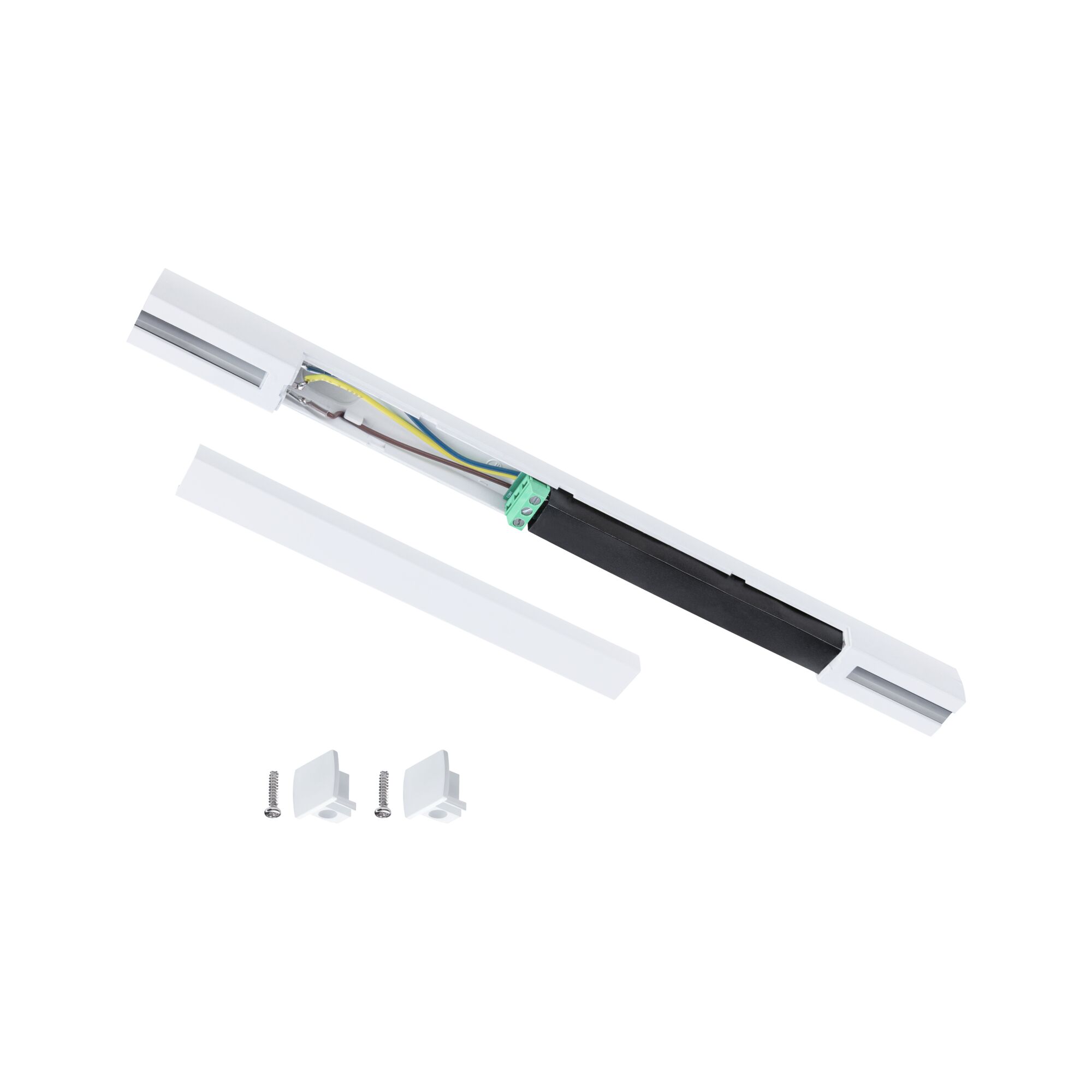 White LED track light with open housing and visible wiring, including mounting accessories