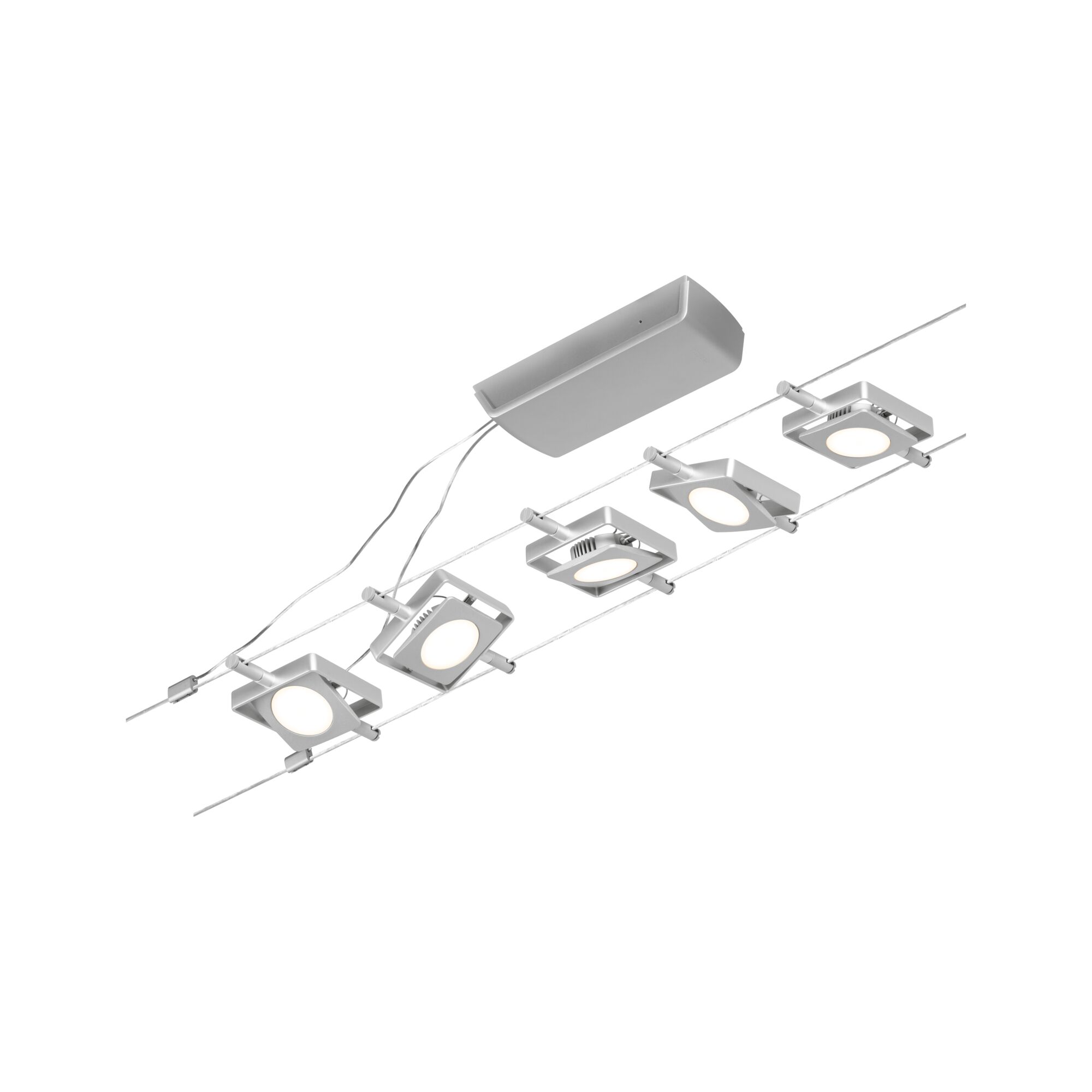 Moderne LED-Seilbeleuchtung mit silbernen quadratischen Spots und weißem Kabel für Wohnräume