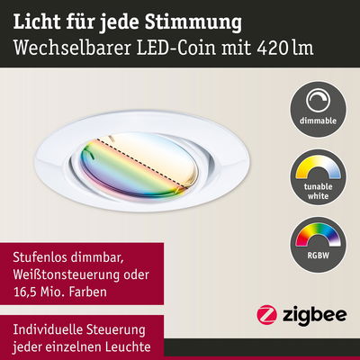 Weißer LED-Einbaustrahler mit dimmbarer RGBW-Farbsteuerung und Zigbee-Funktion für smartes Licht.