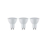 Three white GU10 LED bulbs with plastic housing for energy-efficient lighting