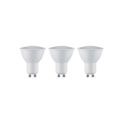 Three white GU10 LED bulbs with plastic housing for energy-efficient lighting