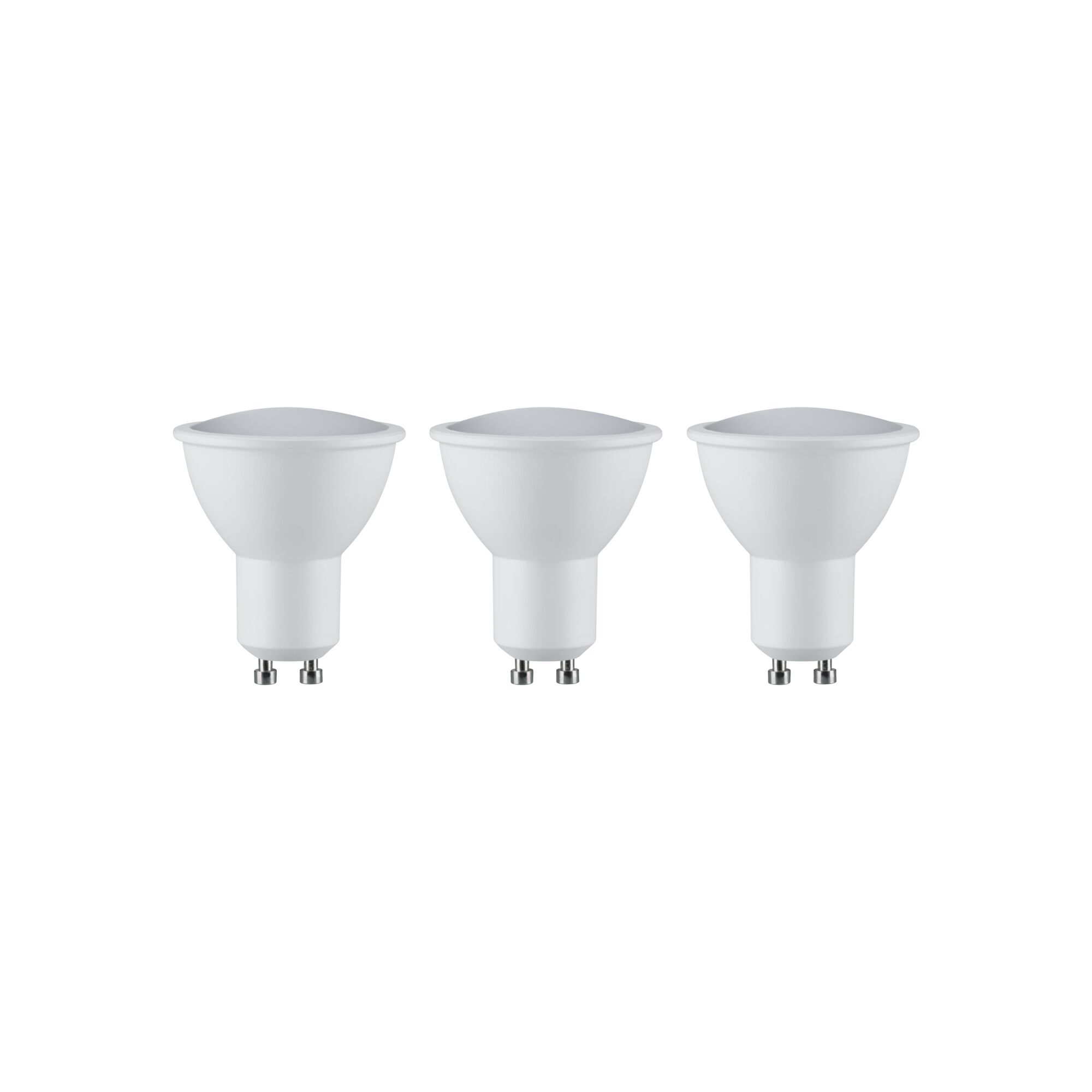Three white GU10 LED bulbs with plastic housing for energy-efficient lighting