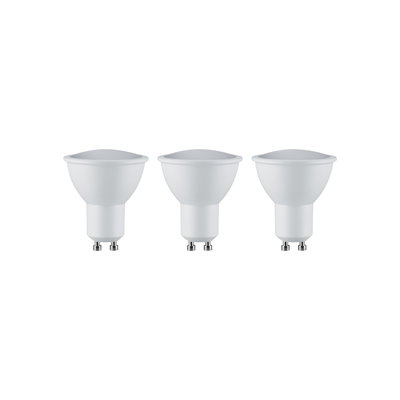 Three white GU10 LED bulbs with plastic housing for energy-efficient lighting