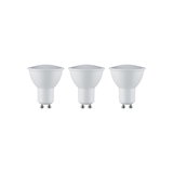 Three white GU10 LED bulbs with plastic housing for energy-efficient lighting
