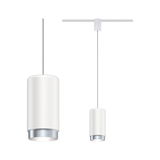 Zwei weiße LED-Pendelleuchten mit silbernem Rand, modernes minimalistisches Design für Wohnräume
