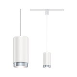 Two white LED pendant lights with silver trim, modern minimalist design for living spaces