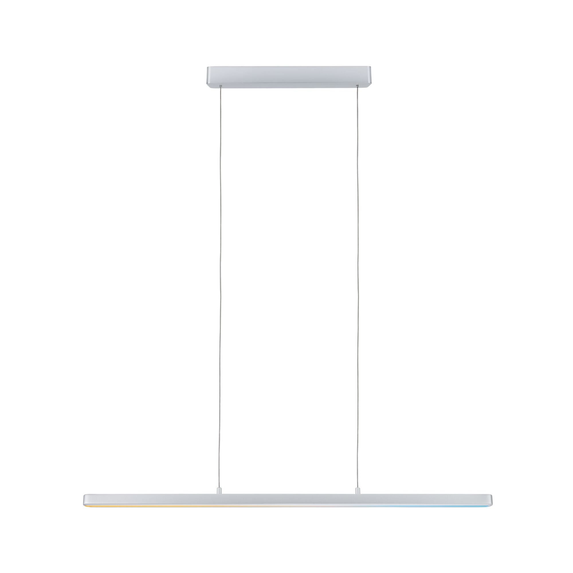 Minimalist white metal LED pendant light with slim design for modern interior lighting.