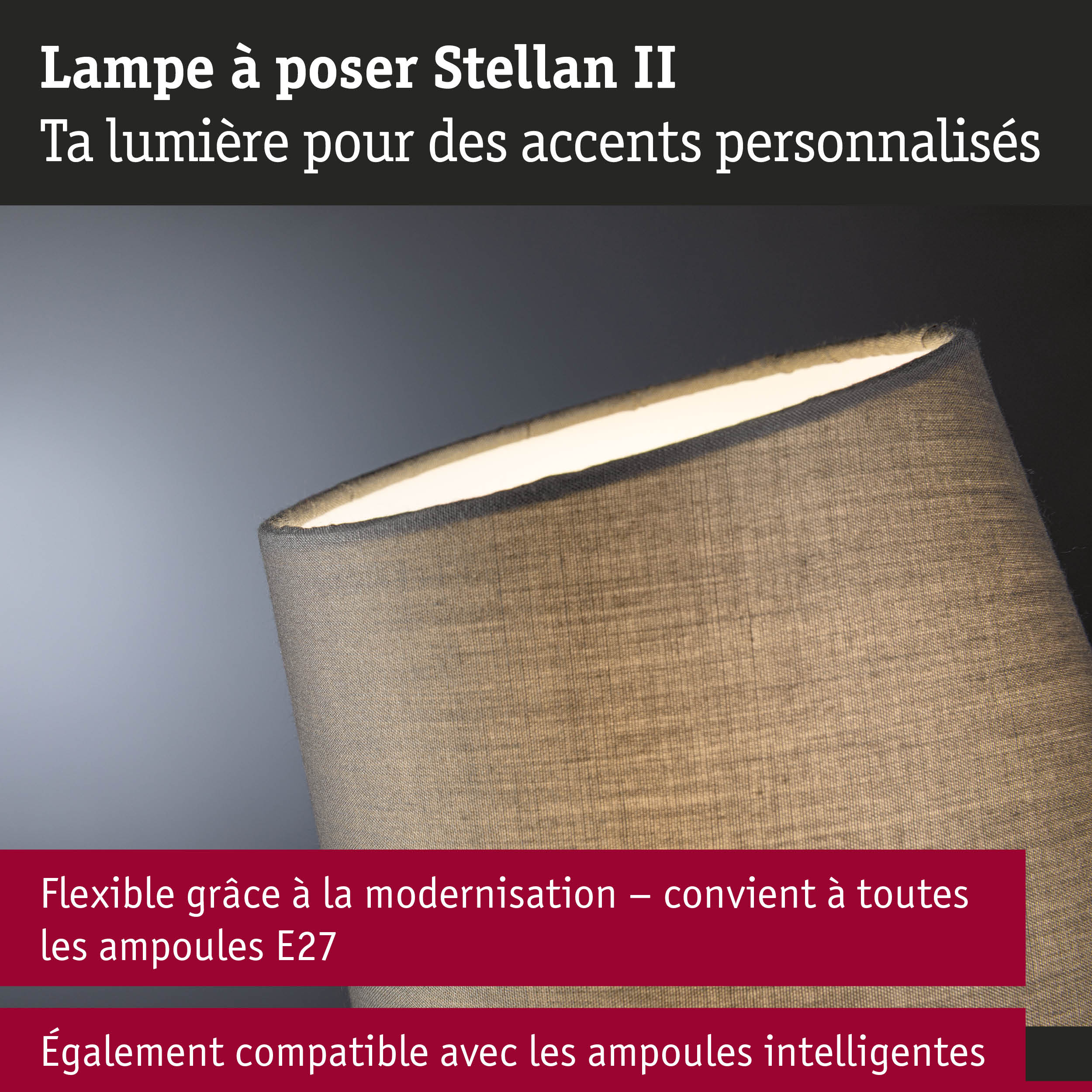 Lampe à poser Stellan II avec abat-jour en tissu gris, compatible ampoules E27 et intelligentes
