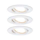 Three white plastic LED recessed spotlights with adjustable heads for versatile lighting solutions