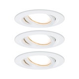 Three white plastic LED recessed spotlights with adjustable heads for versatile lighting solutions