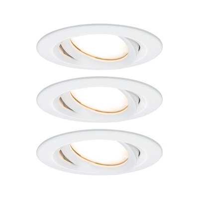 Three white plastic LED recessed spotlights with adjustable heads for versatile lighting solutions