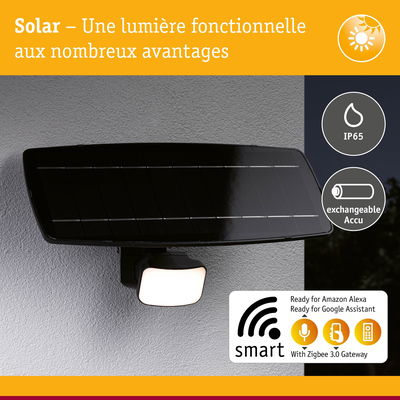 Lumière solaire noire extérieure IP65 avec batterie échangeable, commande intelligente via passerelle Zigbee 3.0