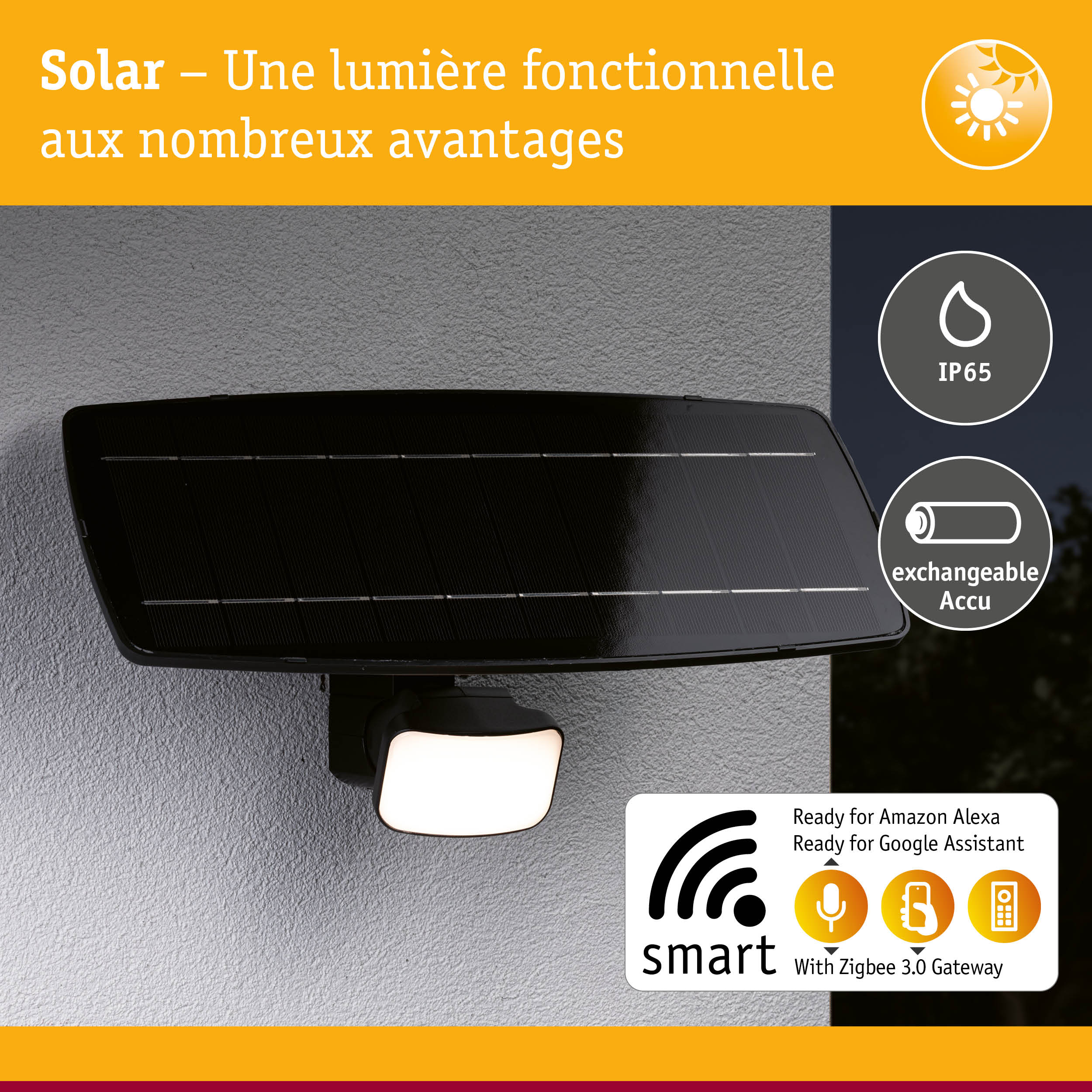 Lumière solaire noire avec protection IP65 et batterie échangeable, contrôle intelligent Zigbee 3.0